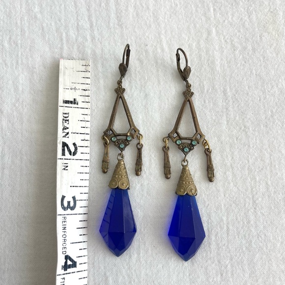 Vintage Czech Blue Glass, Brass & Rhinestone Art Deco Dangle Earrings - Picture 7 of 7